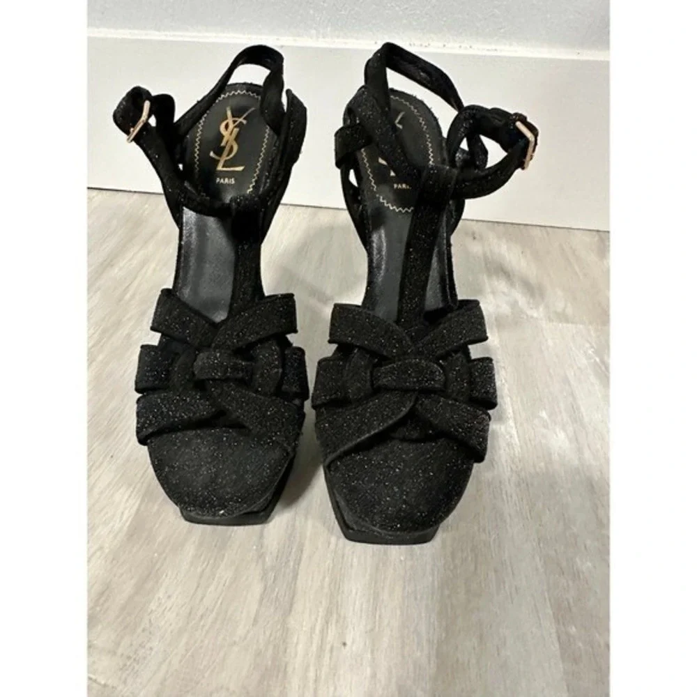 Yves Saint Laurent YSL Tribute Glitter Platform Sandals Heels Black Size 39-8.5 - Picture 5 of 12